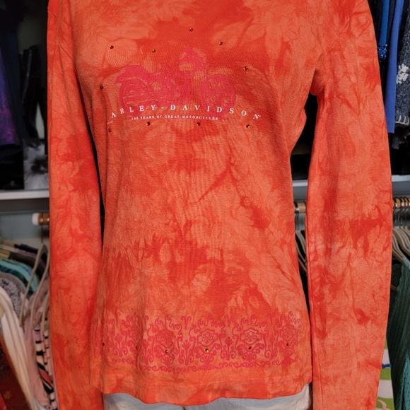 HARLEY-DAVIDSON ♡ Sweet Vintage Orange Tie Dye Embellished Bling H-D Top M - Picture 6 of 17